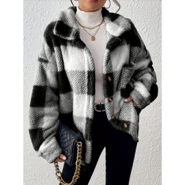 Plus Size, Women's Plus Size Elegant Plaid Jacket with Teddy Bear Collar & - Cozy Winter Coat, Black & White Check Pattern, Button Front Closure, Machine Washable Long Sleeve Outerwear for Fall/Winter (Casual to Formal) - Warm