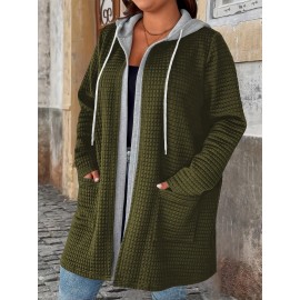 Plus Size - European And American Autumn And Winter Fashion Elegant Faux Two-Piece Cardigan with Pockets And Drawstring Hood, Long Plus-Size Women'S Coat.