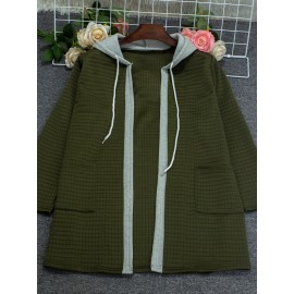 Plus Size - European And American Autumn And Winter Fashion Elegant Faux Two-Piece Cardigan with Pockets And Drawstring Hood, Long Plus-Size Women'S Coat.