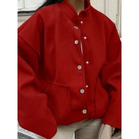 Plus Size, Women's Oversized Brown Jacket - Plus Size Casual Collar Coat with White Button Closure, Dropped Shoulder H-Line Silhouette & Chest Pocket - All-Season Outerwear for, Date, Everyday (Machine Washable) - Elegant Brown Blazer