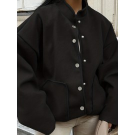 Plus Size, Women's Oversized Brown Jacket - Plus Size Casual Collar Coat with White Button Closure, Dropped Shoulder H-Line Silhouette & Chest Pocket - All-Season Outerwear for, Date, Everyday (Machine Washable) - Elegant Brown Blazer