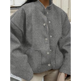 Plus Size, Women's Oversized Brown Jacket - Plus Size Casual Collar Coat with White Button Closure, Dropped Shoulder H-Line Silhouette & Chest Pocket - All-Season Outerwear for, Date, Everyday (Machine Washable) - Elegant Brown Blazer