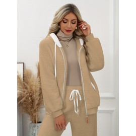 Plus Size - Women'S Cozy Fleece-Lined Hooded Jacket - Oversized Zip-Up with Drawstring, White, All-Season Comfort, Casual Style, Casual Winter Wear | Oversized Hooded Jacket | Zippered Hoodie, Winter Hoodie