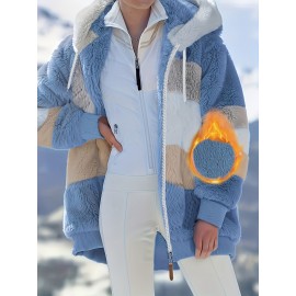 Plus Size Striped Fuzzy Hooded Coat - Soft, Warm, and Cozy Long Sleeve Zipper Coat for Fall and Winter - Women's Casual Outerwear for Cold Weather