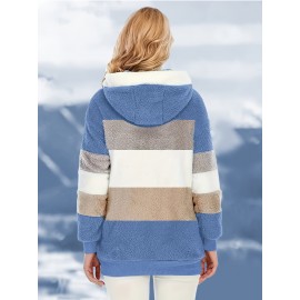 Plus Size Striped Fuzzy Hooded Coat - Soft, Warm, and Cozy Long Sleeve Zipper Coat for Fall and Winter - Women's Casual Outerwear for Cold Weather