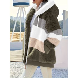 Plus Size Striped Fuzzy Hooded Coat - Soft, Warm, and Cozy Long Sleeve Zipper Coat for Fall and Winter - Women's Casual Outerwear for Cold Weather