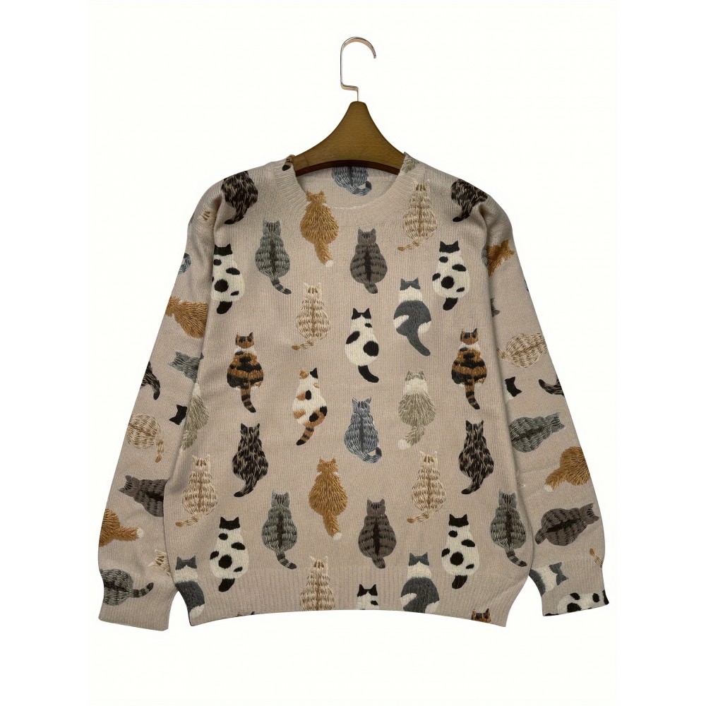 Women'S All-Over Cat Back Print Sweater - Soft & Brown Tabby Cat Design, Round Neck Long Sleeve Casual Sweater, Lightweight Everyday & Formal Outfits