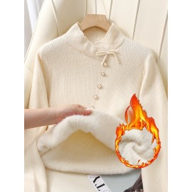 Women's Thick & Soft Sweater with Bow Buttons - Winter Warm Round Neck Long Sleeve Cozy Sweater, Beige & White Cable- Design, All-Season Casual Elegant Pullover for Fall and Winter Layering, Hand Wash or Dry Clean, Solid Color with Bow Detail, Medium Stretch, Relaxed Fit, Fleece Lining for Extra Warmth, Chic and Comfortable for Casual Attire, Cozy Sweaters For Women, Casual Long Sleeve Sweater, Oversized Knit Sweater, Colourfull Loose Sweater For Women,