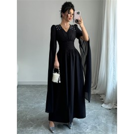 Women'S Elegant V-Neck Maxi Dress with Pearl Accents - Long Formal Party Wedding Guest Dress, Flattering Fit for Summer Events, Formal Events, Parties, Wedding Guest Attire, Vneck Design, Flowy Fabric