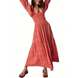 Women'S Floral Embroidered Maxi Dress with Puff Sleeves, Square Neck, Draped Tiered A-Line Skirt, 100% Polyester, Casual Summer Knit Fabric - Flowy Long Dress