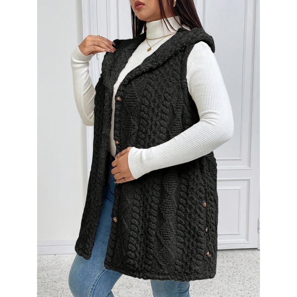 Plus Size - Women'S Plus Size Fuzzy Jacquard Hooded Vest Jacket - Thick Warm Winter Coat with Single-Breasted Button Front, Sleeveless Mid-length Solid Color Elegant Outerwear For Fall & Winter